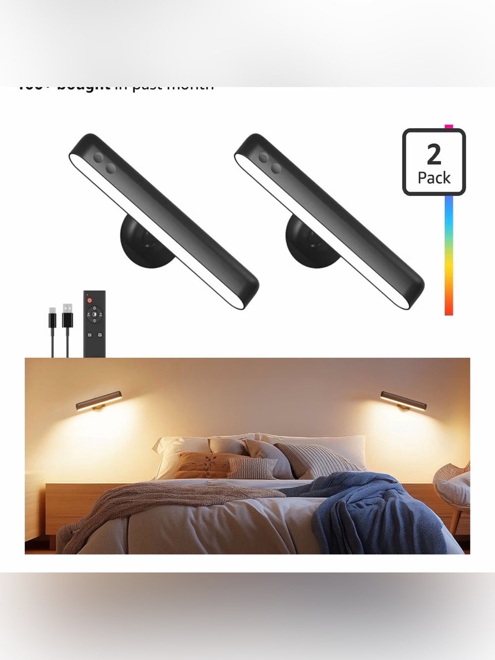 2 Pack Black Rechargeable Adjustable Wall Lights with 15 RGB Lights- New